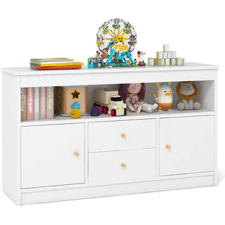 FANTASK Kinderregal Holz, 106 x 30 x 62 cm, Spielzeugschrank Kinder mit 2 Schubladen & 2 Türen, Aufbewahrungsschrank, Spielzeug-Organizer für Kinderzimmer, Schlafzimmer (Weiß)