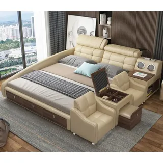 Lederbett Betten Polster Doppel Multifunktion 180x200 Leder Bettgestell Design - Beige