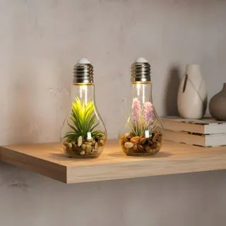 levandeo 2er Set LED Glühbirne Sukkulenten Grün Lila Glas H19cm Deko LED Lampe Kunstpflanze Tischdeko Hängelampe Tischdeko