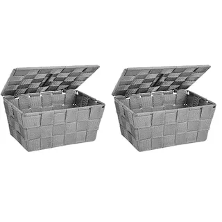 WENKO Aufbewahrungskorb mit Deckel Adria Grau - Badkorb, Küchenkorb, Polypropylen, 19 x 10 x 14 cm, Grau (Packung mit 2)