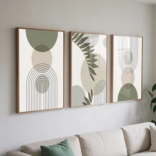 PWAAHDC Moderne Bilder Wohnzimmer Poster Set 50x70 Hochformat - Boho Abstrakte Grüne Pflanzen Leinwand Bilder 3er Set - Wandbilder für Schlafzimmer Ohne Rahmen