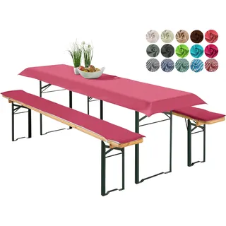 heimtexland ® Bierzeltgarnitur Auflagen Set 3-teilig Tischdecke Bierbank Polster Sitzkissen Tischdeko Typ698 Beere für Tischmaß 50x220 cm - Violett