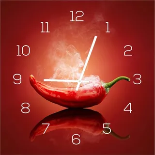 Wanduhr Alu-Dibond 30x30cm Uhr Alubild Küche Chili Peperoni Deko Küche Aluminium