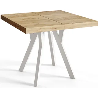 Quadratischer Esszimmertisch RICO, ausziehbarer Tisch, Größe: 110-210X110X77 cm, Wohnzimmertisch Farbe: CRAFT, mit Holzbeinen in Farbe Weiß - Naturbelassen, Weiß