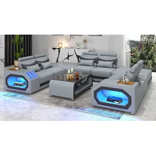 Design Wohnlandschaft Großes Sofa XXL U Form Ecksofa Ledersofa Grau LED - Grau