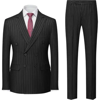 MOGU Herren Zweireihiger Nadelstreifen-Anzug, 2-teilig, schmale Passform, Smoking, formelle Jacke und Hose für Business, Hochzeit, Abschlussball, Schwarz, S