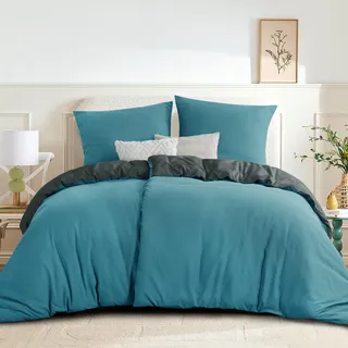 RUIKASI Bettwäsche 135x200 Türkis Grau 4teilig - Wendebettwäsche Bettbezug 135 x 200 mit Reißverschluss, Oeko-TEX Mikrofaser Bettwäsche Sets, Weich und Bügelfrei
