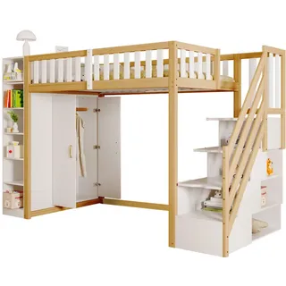 Stilvora Hochbett 90/200 cm in Weiß & Natur mit Kleiderschrank, Regalen und Schubladen Kinderbett , Weiß, Naturfarben , Holz, Holzwerkstoff , 90x200 cm , Babymöbel & Kindermöbel, Kinderzimmer & Jugendzimmer, Kinderbetten, Hochbetten