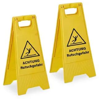 Relaxdays Achtung Rutschgefahr Aufsteller, 2er Set, klappbar, beidseitig beschriftet, Kunststoff, Warnschild, gelb
