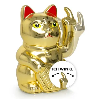 ANGRY CAT - Winkekatze Lucky CAT - Lustige winkende Katze - japanische Winkkatze mit Stinkefinger - Dekoartikel Wackelfigur Katze - Winke-Arm mit Mittelfinger - 15cm, Gold