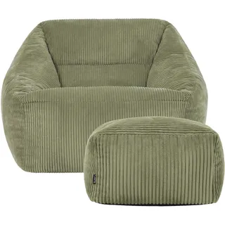 I.C.O.N. Icon Natalia Sitzsack Sessel mit Hocker für Erwachsene, Salbeigrün, Flauschiger Cord Stoff, Riesen Sitzsack Samt mit Füllung, Bean Bag Chair, Bequemer Sessel Wohnzimmer, Lounge, Schlafzimmer, Büro