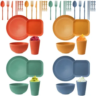 48 Pcs Camping Geschirr Set Plastik,Unzerbrechliches Geschirr Set 4 Personen mit Teller Dessertteller Schalen Tassen Besteck Fruchtgabel,BPA-Frei Geschirrset leicht für Kinder Erwachsene Abendessen