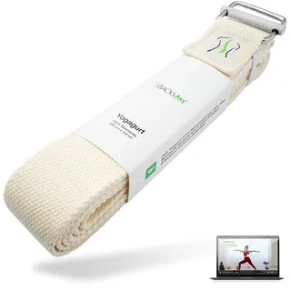 BACKLAxx Yogagurt aus 100% Baumwolle für Anfänger und Fortgeschrittene (natürlich) – Dehnband mit Metallverschluss [250 x 3,8 cm] – Yoga-Gurte Stretching Bänder für Yoga Straps