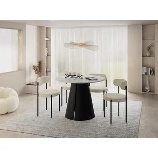 Esstisch Rund Ausziehbar im Loft-Stil – 120 bis 200 cm – Industrieller Platzsparender Tisch mit Schwarzen Konischem Metallbeinen für 6 bis 10 Personen, Esszimmer – Marmor Weiß - Weiß, Hellgrau