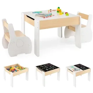 FANTASK 4-in-1-Kindertisch mit 2 Stühlen & Abnehmbarer Tafel, 3tlg. Kindersitzgruppe, Kindermöbel-Set mit Stauraum, Weiß