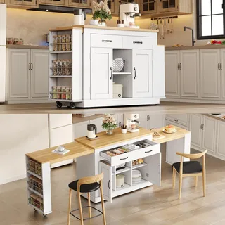 Flieks Kücheninsel mit zwei ausziehbaren Arbeitsflächen, Servierwagen mit 2 Steckdosen, 2 USB-Anschlüsse, Küchenschrank 142-340x55x93cm, Weiß - Weiß