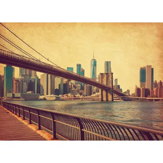 Papermoon Fototapete »NEW YORK-RETRO BROOKLYN BRIDGE MANHATTAN SKYLINE STADT«, bunt