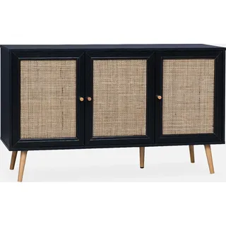 sweeek - Sideboard mit Holzoptik und Rattan-Geflecht B 120 cm - Schwarz - Schwarz