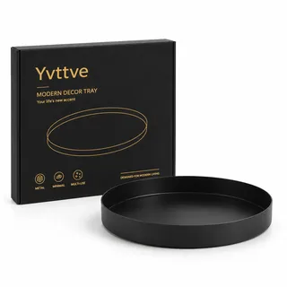 Yvttve Deko Tablett Schwarz Rund | Rundes Serviertablett Schwarz Matt Design Dekoteller und Dekotablett aus Metall für Adventskranz Teller (Ø 20 cm)
