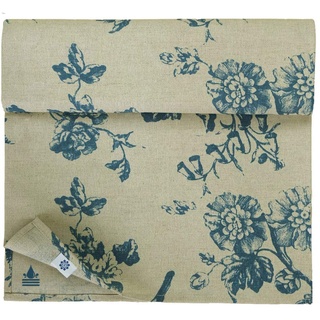 Linen & Cotton Tischläufer Stoff Fiore mit Blumen Motiv - 59% Leinen, 41% Baumwolle, Beige Blau (34 x 70 cm) Läufer Tisch Deko Platzset Wasserdicht Fleckschutz Pflegeleicht für Garten Outdoor