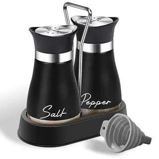 Salz und Pfefferstreuer Set, 2 Stück Glasboden Salzstreuer, Salz Pfefferstreuer mit Halter aus Glas und Edelstahl für Küche, BBQ, Wohnmobil Nachzufüllen und zu Verwenden (Schwarz)