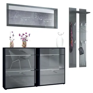 Garderoben-Set Orlando mit Schuhschrank, Wandpaneel und Wandspiegel, Schwarz matt/Grau Hochglanz - Grau
