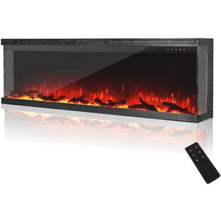MachenFlame 152 cm (60 Zoll) elektrischer Kamin, 3-seitig, Panorama-Glaseinsatz zur Wandmontage, mit 9-Farbiger Flamme, unabhängiger Kaminheizer, 900 W / 1800 W, Schwarz...