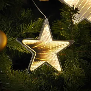 Festive Lights 15cm LED Stern Weihnachtskugel warmweiß mit Spiegel Effekt Batterie Christbaumkugel Weihnachtsbaumdeko Stern zum Aufhängen Weihnachtsstern LED