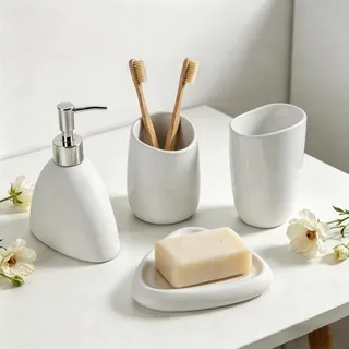 Badezimmer Set 4-teilig Weiß Harz Seifenspender Seifenschale Zahnbürstenhalter Zahnputzbecher