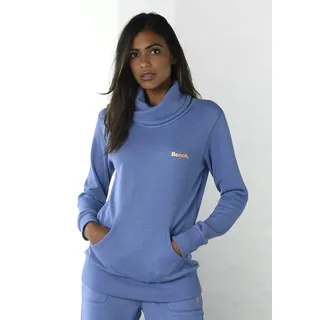 Longsweatshirt BENCH. LOUNGEWEAR, Damen, Gr. 44/46, blau (jeans, meliert), Sweatware, Obermaterial: 60% Baumwolle, 40% Polyester, meliert, unifarben, Basic, Basic hüftbedeckend, ohne Ausschnitt, breiter Bund, Sweatshirts Longsweatshirt, mit Stehkragen in Layeroptik und Kängurutasche, Loungewear, Topseller