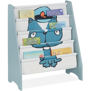 Relaxdays Bücherregal Kinder, HBT: 71 x 61,5 x 30 cm, Kinderbücherregal mit Hundemotiv, 4 Fächer, MDF & Stoff, blau/weiß