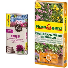 Floragard Bio-Erde Sauer 1x40 Liter & Kübelpflanzenerde mediterran 40 L - Spezialerde für große Kübel, Zitruspflanzen, Oleander, Oliven - auch für Dachgärten