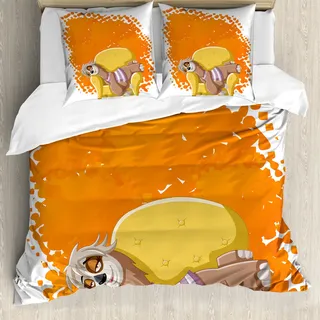 ABAKUHAUS Faultier Bettbezug, Faule Frau auf der Couch, Milbensicher Allergiker geeignet mit Kissenbezügen, 200 cm x 200 cm - 80 x 80 cm, Orange Gelb