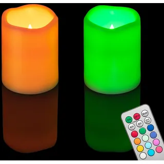 2 Stück 7,6 x 10 cm mehrfarbige flammenlose LED-Stumpenkerzen mit Fernbedienung, Timer, batteriebetrieben, elektrisch, flackernd, Kunststoff, LED-Kerzen für Halloween, Kürbis-Laterne Dekor