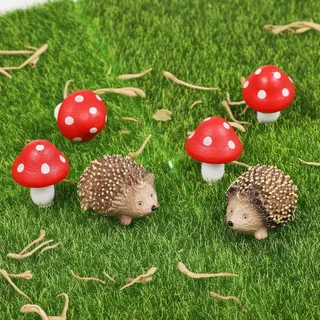 Wpppan 6 Stück Feen-Wildgarten-Zubehör, Mini-Igel und Pilzstatue, Mikro-Landschaft, Pflanztöpfe, Bonsai, Basteldekoration, Miniatur-Pilz-Figuren, Igel, Outdoor-Pilz-Figur für den Garten