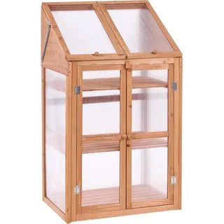 BELIANI Mini-Gewächshaus Hellbraun Holz u. Polycarbonat 3 mm 49x67x114 cm mit 2 Türen 2 Dachfenster für Balkon Terrasse Garten - Braun, Transparent
