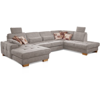 CAVADORE Wohnlandschaft Puccino mit Federkern, Sitztiefenverstellung und 2 Kopfstützen / Sofa in U-Form im Landhausstil / 340 x 86 x 224 cm / Mikrofaser Hellgrau