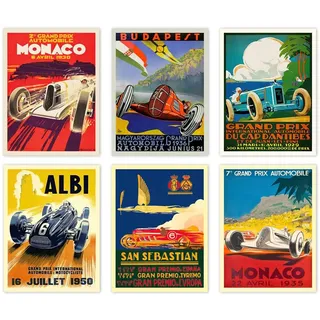 WallBUddy Set mit 6 Autorennen Grand Prix Poster F Poster Formel Poster Auto Rennsport Druck Motor Racing Poster 1930, 1936, 1937, 1952, 1966, 1970 (8 x 10)