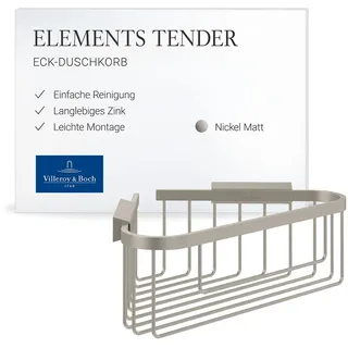 Villeroy & Boch Elements Tender Eck-Duschkorb – Nickel Matt, gebürstet | Für Wandmontage geeignet, aus Zink, 260 x 206 x 82 mm, TVA15100900064