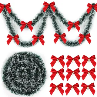Sprinlot Gerlande Weinachten Dunkelgrün, 10M Lametta Girlande mit 24 Roten Schleifen, Christbaum Girlande, Weihnachtsgirlanden Glänzend, Weihnachtsbaumschmuck Girlanden