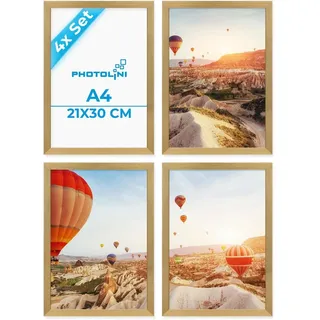 PHOTOLINI Bilderrahmen A4 Gold Holz MDF, 4er Set DIN A4 21x30 cm Rahmen | Foto Rahmen 21 x 30 mit bruchsicherem Acrylglas, picture frame zum Aufhängen & Aufstellen, Bilderrahmen Collage 30x21 Poster