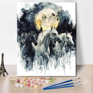 TISHIRON Malen Nach Zahlen Erwachsene Pferd, Malen Nach Zahlen Ab 9 Jahre Mädchen, Tintenmalerei Pferd Diy-Ölgemälde-Set Auf Leinwand Mit Pinseln Ohne Rahmen Leinwand Wanddekoration, 40x50cm