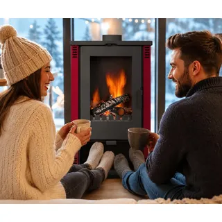 ALAZ Mouse K9-MAX Kaminofen 10 kW Burgunderrot, Holzofen mit Schamott-Brennkammer, großem Sichtfenster und Holzfach, Scheitholzofen