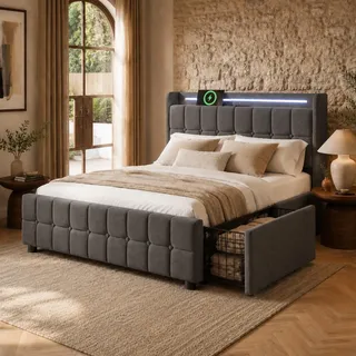 Flieks Polsterbett 140x200cm mit USB und Steckdosen, Jugendbett Doppelbett mit 4 Schubladen, Stauraumbett Massivholzbett mit LED und Lattenrost, Leinen, Grau - Grau