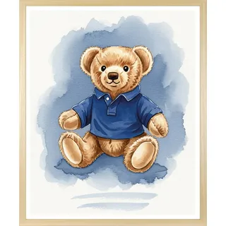 Bild mit Rahmen QUEENCE "Vintage Polo Teddy Bär in Poloshirt", farbe rahmen: beige, farbe bild(er): blau, B:30cm H:40cm T:1,5cm, Acrylglas, Holzrahmen, Bilder, Bild mit Rahmen, HD Premium Poster-Druck inkl. Echtholzrahmen in beige
