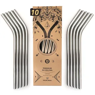 Nature Nerds - wiederverwendbare Edelstahl Trinkhalme (10 Stück + Reinigungsbürste) Strohhalme, Trinkröhrchen - plastikfrei verpackt - (gebogen)