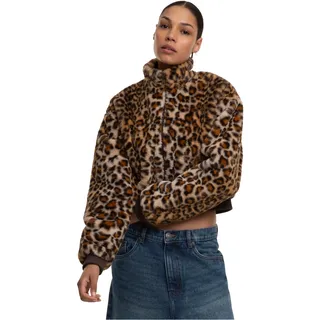 Urban Classics Damen Kunstfell Jacke Ladies Cropped Faux Fur Leo Jacket, kurzer Teddy Blouson mit Leopardenmuster, weiche Leo-Felljacke, Größen XS - XL