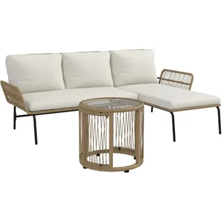 Okwish Gartenmöbel-Set 71/129/75 cm cremeweiß aus PE-Rattan mit Sonnenliege, Zweisitzer-Sofa und Tisch , Weiß , Textil , Gartenmöbel, Gartengarnituren, Gartenmöbel-Sets