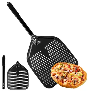 VIDETOL Perforierter Pizzaschieber, 39 x 30 cm Pizzaschaufel Perforiert, Antihaft Pizzaheber, Pizza Schieber aus Harteloxiertem Aluminium für Pizza, Brot, Hausgemachtes, 82 cm insgesamt