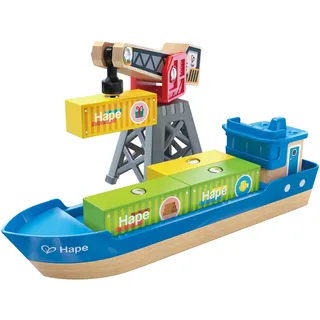 Hape Frachtschiff und Hafenkran - Holzspielzeug für Kinder, realistisches Spielset mit Kran, Schiff und Containern, fördert Kreativität, Motorik und Rollenspiel, geeignet ab 3 Jahren
